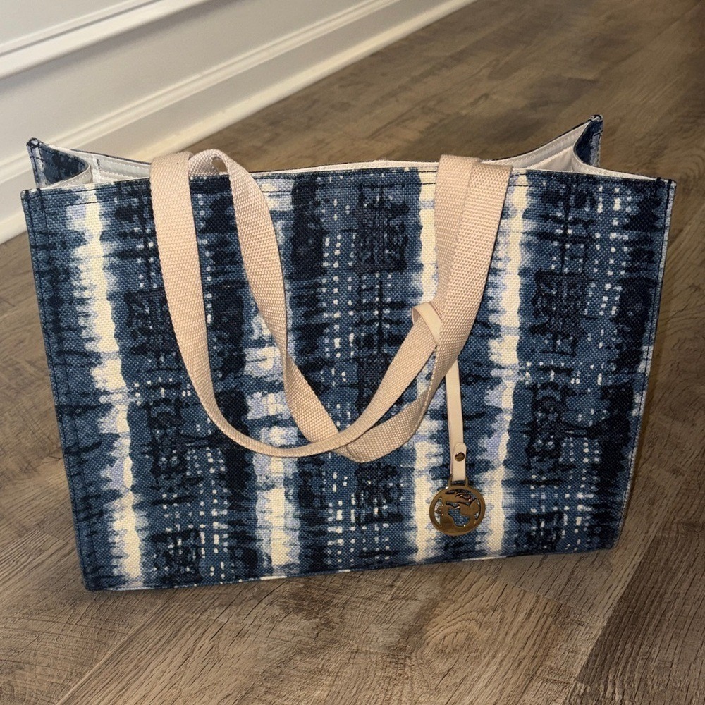 Spartina 449 Blue Tie Dye Ikat Canvas Tote Bag Shoulder Bag Gold Logo